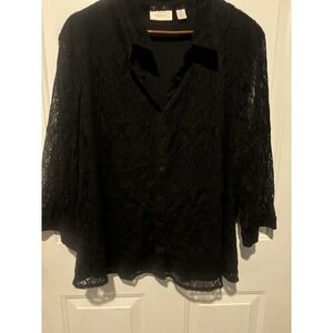 Chico's Blouse‎ Lace Appliqué Lined Black Top Size 3/XL/16 Long Sleeve Dressy